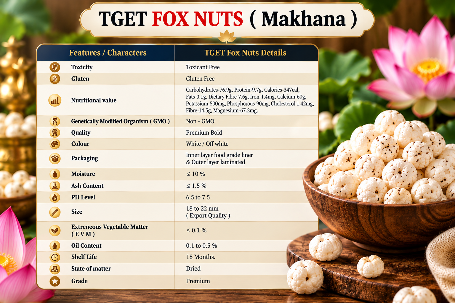 TGET Premium Fox Nuts Makhana specification chart